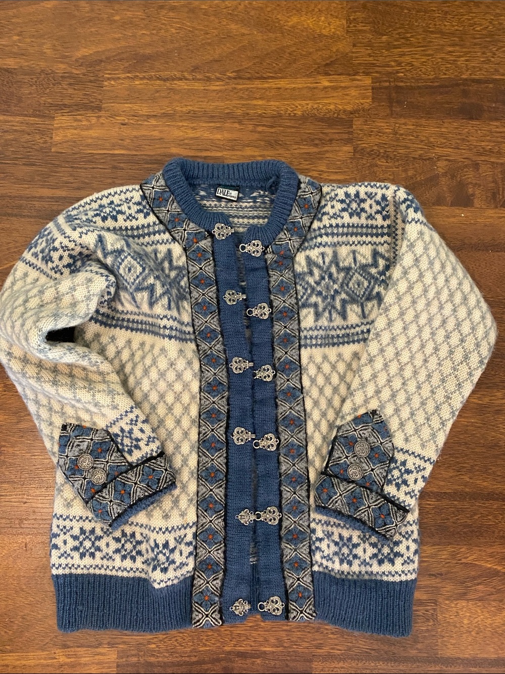 Dale of Norway Wool Blue and Cream Nordic Toggle Sweater - XS (44)